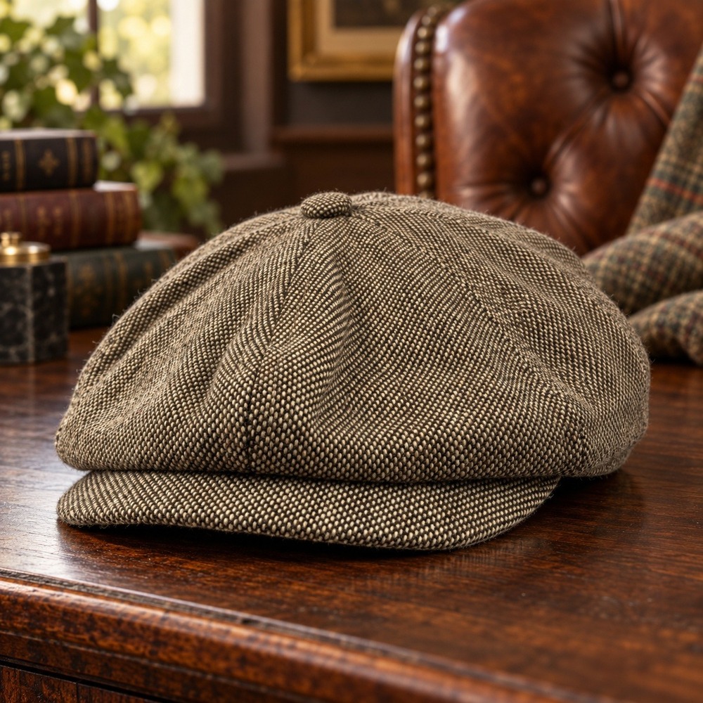 New Frye Men's Brown Wool Blend Newsboy Flat Cap One Size Cabby Tweed Look